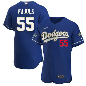 MLB Dodgers 55 Albert Pujols Blue Gold Champion Nike FlexBase Men Jersey