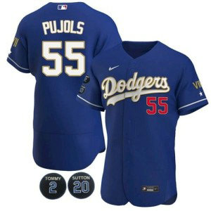 MLB Dodgers 55 Albert Pujols Blue Gold Nike FlexBase Men Jersey with Tommy Lasorda & Don Sutton Patch