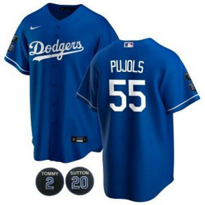 MLB Dodgers 55 Albert Pujols Blue Nike Cool Base Men Jersey with Tommy Lasorda & Don Sutton Patch