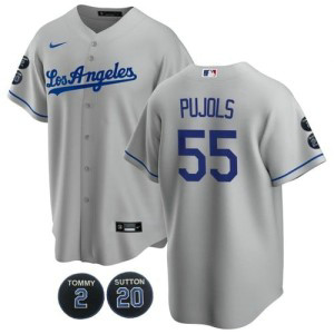 MLB Dodgers 55 Albert Pujols Grey Nike Cool Base Men Jersey with Tommy Lasorda & Don Sutton Patch