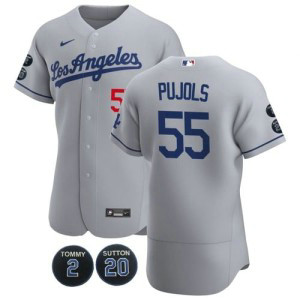 MLB Dodgers 55 Albert Pujols Grey Nike Flexbase Men Jersey with Tommy Lasorda & Don Sutton Patch
