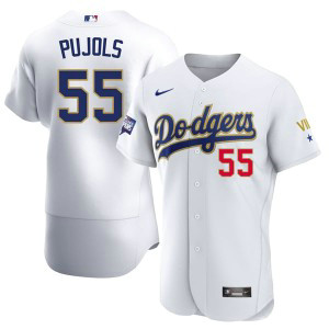 MLB Dodgers 55 Albert Pujols White Gold Champion Nike FlexBase Men Jersey