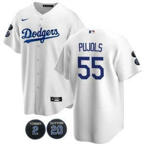 MLB Dodgers 55 Albert Pujols White Nike Cool Base Men Jersey with Tommy Lasorda & Don Sutton Patch