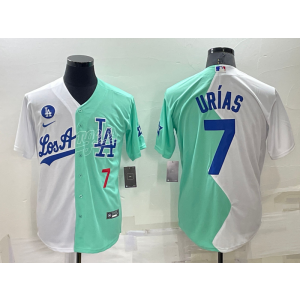 MLB Dodgers 7 Julio Urias White Green Cool Base Split Men Jersey