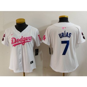 MLB Dodgers 7 Julio Urias White Pink Nike Cool Base Women Jersey