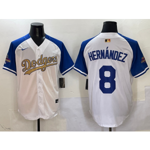 MLB Dodgers 8 Hernandez Blue White Gold Champion Nike Cool Base Men Jersey