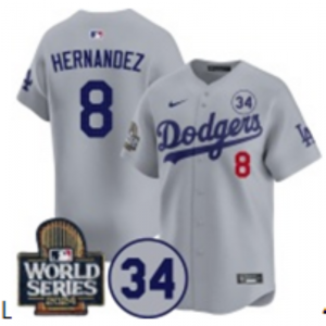 MLB Dodgers 8 Hernandez Grey 2024 World Series Nike Cool Base Men Jersey with 34 Patch