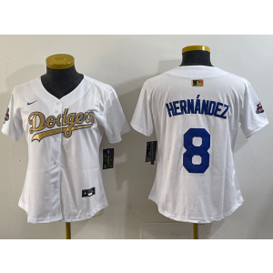 MLB Dodgers 8 Hernandez White Gold Champions Nike Cool Base Women Jersey