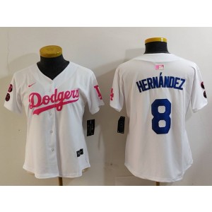 MLB Dodgers 8 Hernandez White Pink Nike Cool Base Women Jersey