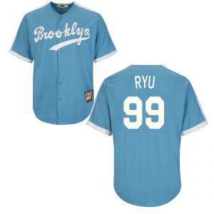 MLB Dodgers 99 Hyun-Jin Ryu Light Blue Cooperstown Throwback Men Jersey