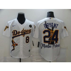 MLB Dodgers Front 8 Back 24 Kobe Bryant White With KB Patch Cool Base Men Jersey