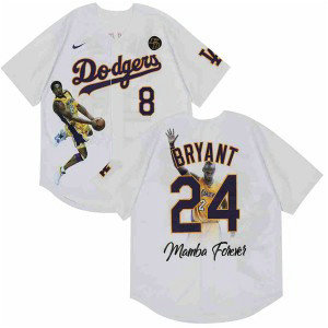 MLB Dodgers Front 8 Back 24 Kobe Bryant White With KB Patch Cool Base Men Jerseys