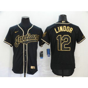 MLB Indians 12 Francisco Lindor Black Gold 2020 Nike Flexbase Men Jersey