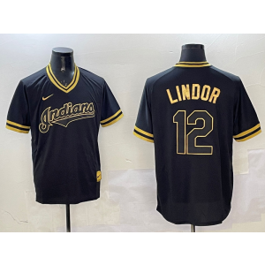 MLB Indians 12 Francisco Lindor Black Gold Nike Cool Base Men Jersey