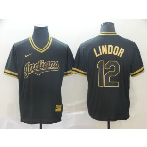 MLB Indians 12 Francisco Lindor Black Gold Nike Cooperstown Legend V Neck Men Jersey
