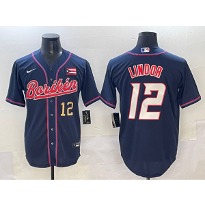 MLB Indians 12 Francisco Lindor Navy Nike Cool Base Men Jersey