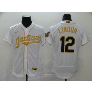 MLB Indians 12 Francisco Lindor White Gold 2020 Nike Flexbase Men Jersey