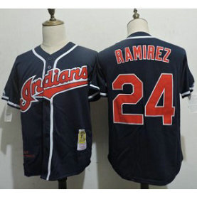 MLB Indians 24 Manny Ramirez Navy Mitchell and Ness Throwback Men Jersey