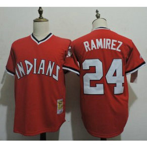 MLB Indians 24 Manny Ramirez Red Mitchell and Ness Men Jersey