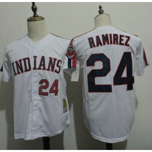 MLB Indians 24 Manny Ramirez White Mitchell and Ness Throwback Men Jersey