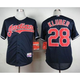 MLB Indians 28 Corey Kluber Navy Cool Base Men Jersey