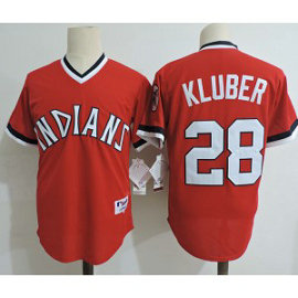 MLB Indians 28 Corey Kluber Red Cooperstown Collection Throwback Men Jersey