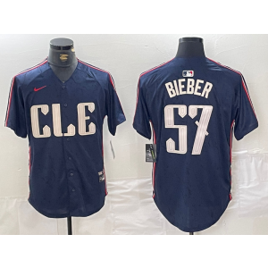 MLB Indians 57 Bieber Navy 2024 City Connect Nike Cool Base Men Jersey