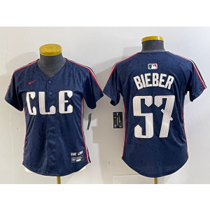 MLB Indians 57 Bieber Navy 2024 City Connect Nike Cool Base Women Jersey