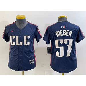 MLB Indians 57 Bieber Navy 2024 City Connect Nike Cool Base Youth Jersey