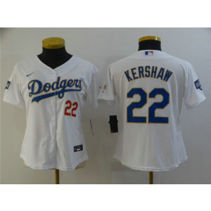MLB LA Dodgers 22 Clayton Kershaw White Gold Championship Cool Base Women Jersey(Run Small)