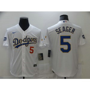 MLB LA Dodgers 5 Corey Seager White Gold Champion Cool Base Men Jersey