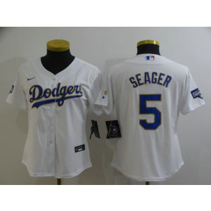 MLB LA Dodgers 5 Corey Seager White Gold Champion Cool Base Women Jersey