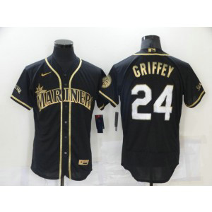MLB Mariners 24 Ken Griffey Black Gold Flexbase Men Jersey