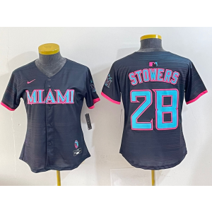 MLB Marlins 28 Stowers Black 2025 City Connect Nike Cool Base Women Jersey