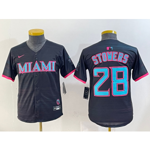 MLB Marlins 28 Stowers Black 2025 City Connect Nike Cool Base Youth Jersey