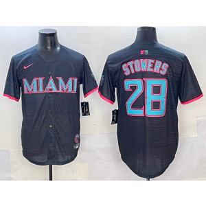 MLB Marlins 28 Stowers Black Nike Cool Base Men Jersey