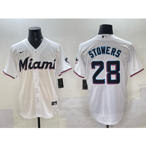 MLB Marlins 28 Stowers White Nike Cool Base Men Jersey
