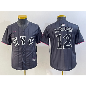 MLB Mets 12 Francisco Lindor Black 2024 City Connect Nike Cool Base Youth Jersey