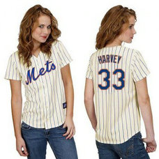 MLB Mets 33 Matt Harvey Cream with Blue Strip Fashion Women Jersey