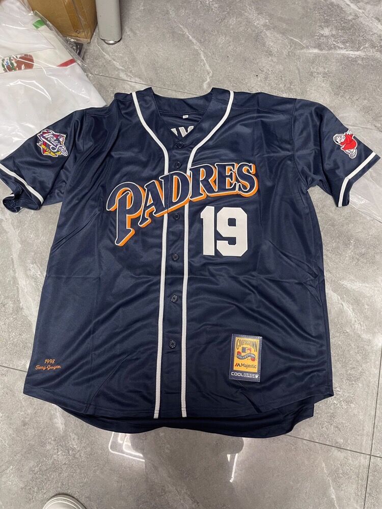 MLB Mitchell And Ness 1998 Padres #19 Tony Gwynn Navy Blue Throwback with 1998 World Series Patch Jersey