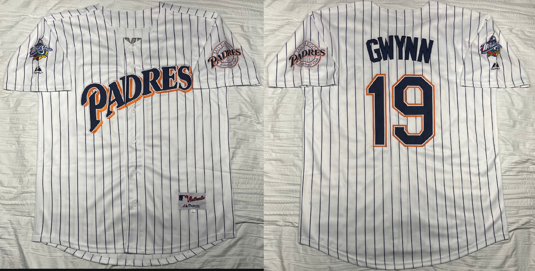 MLB Padres 19 Tony Gwynn Throwback White with blue stripes and 1998 world series patches Men Jersey