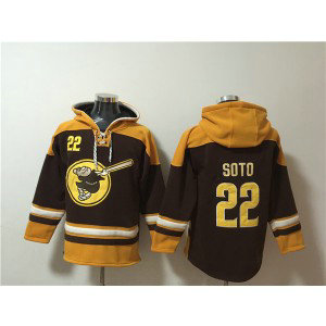 MLB Padres 22 Juan Soto Brown Yellow Ageless Must-Have Lace-Up Pullover Hoodie