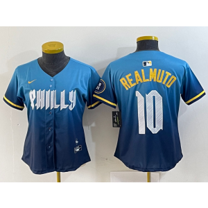 MLB Phillies 10 J.T. Realmuto Blue City Connect Nike Cool Base Women Jersey