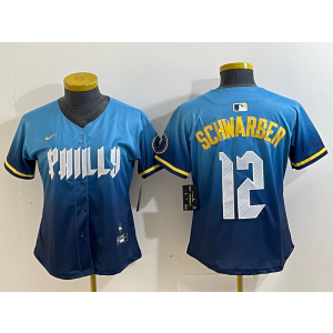 MLB Phillies 12 Kyle Schwarber Blue City Connect Nike Cool Base Women Jersey
