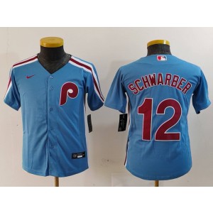MLB Phillies 12 Kyle Schwarber Blue Nike Cool Base Youth Jersey
