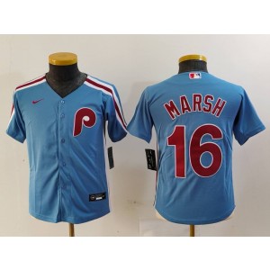 MLB Phillies 16 Brandon Marsh Blue Nike Cool Base Youth Jersey