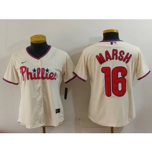 MLB Phillies 16 Brandon Marsh Cream Nike Cool Base Women Jersey