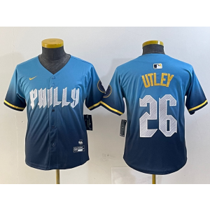 MLB Phillies 26 Utley Blue 2024 City Connect Nike Cool Base Youth Jersey