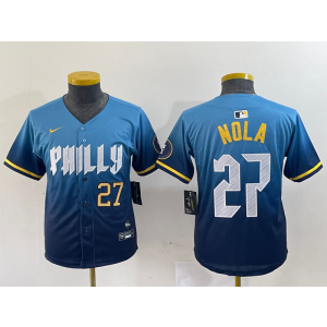 MLB Phillies 27 Nola Blue 2024 City Connect Nike Cool Base Youth Jersey