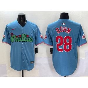 MLB Phillies 28 Alec Bohm Blue Nike Cool Base Men Jersey